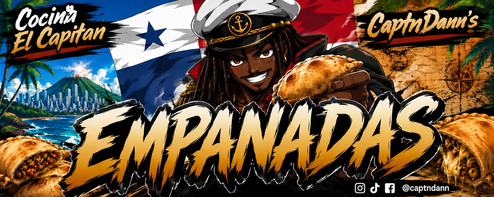 Captndanns Empanadas original illustrated logo: a captain holding an empanada with Panama-inspired colors