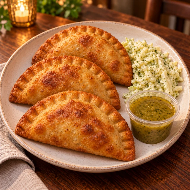 Serving illustration of 3 empanadas + special cabbage salad