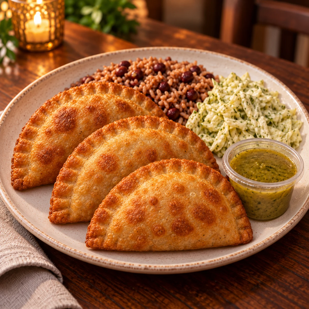 Serving illustration of 3 empanadas + cabbage salad + homemade rice, with a cup of Daniel’s green sauce