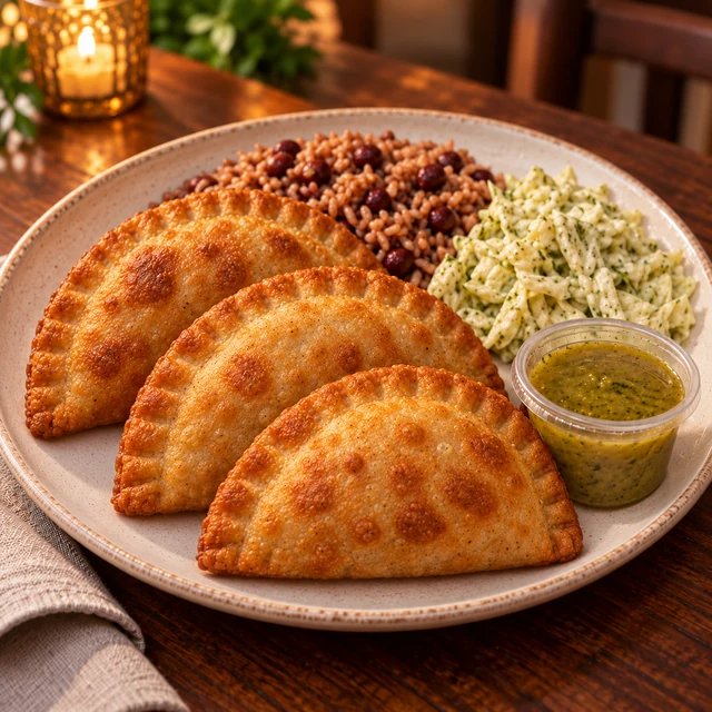 Serving illustration of 3 empanadas + cabbage salad + homemade rice