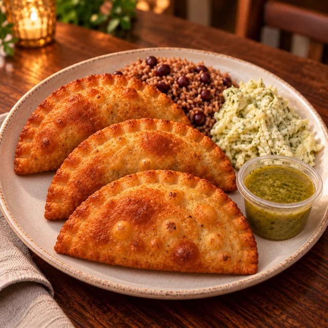 Serving illustration of 3 potato-dough empanadas + cabbage salad + homemade rice