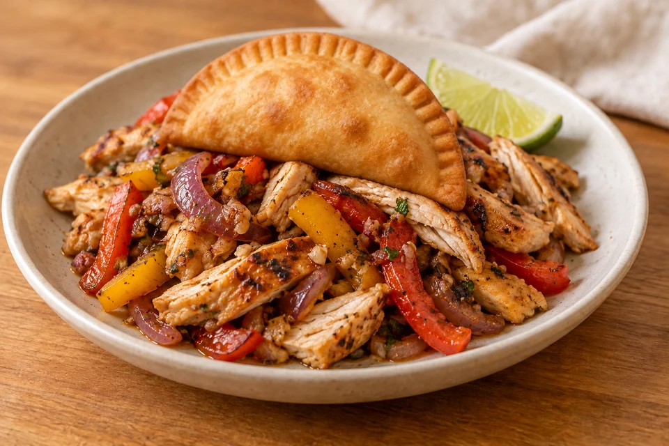 Ingredient illustration of one golden empanada over grilled chicken, red onion, sweet pepper and lime.