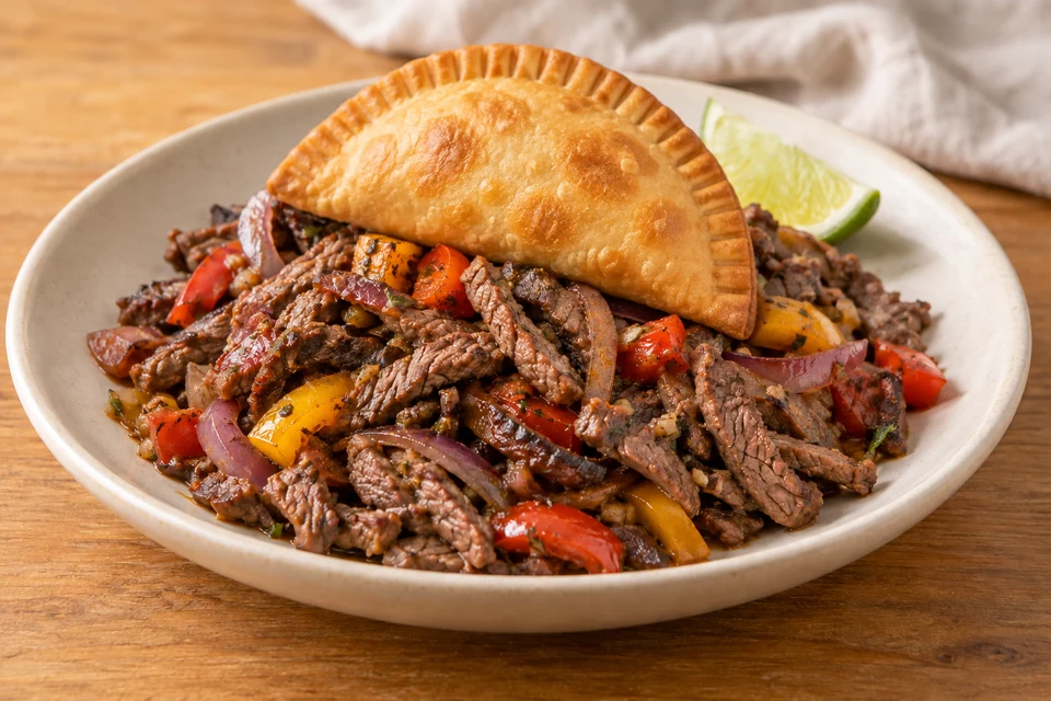 Ingredient illustration of one golden empanada over thin tri tip strips, red onion, sweet pepper and lime.